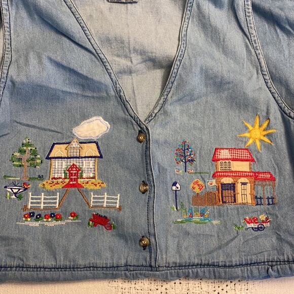 Vintage 90’s Chambray Blue Embroidered Dress Sz L - Picture 3 of 5